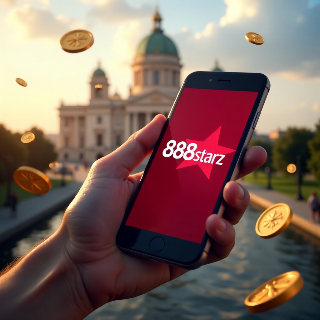 A premium smartphone held in a hand featuring the 888starz app, with the Palace of Culture and Science in Warsaw in the background, official red and white brand colors, 3D flying golden coins and roulette elements, cinematic lighting, 8k.